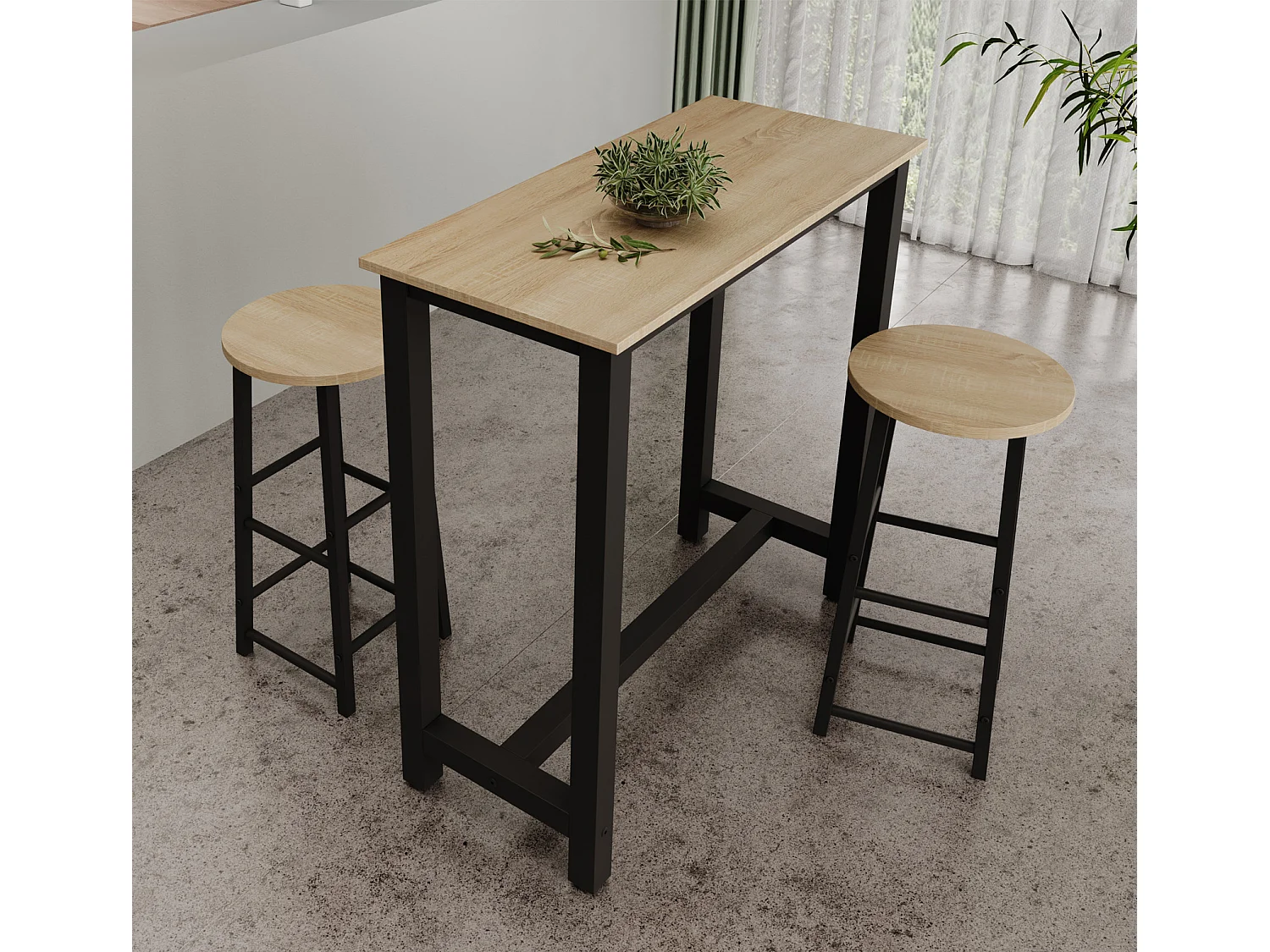 Table haute avec 2 tabourets en Noir et Sonoma 100x40x100cm Ani
