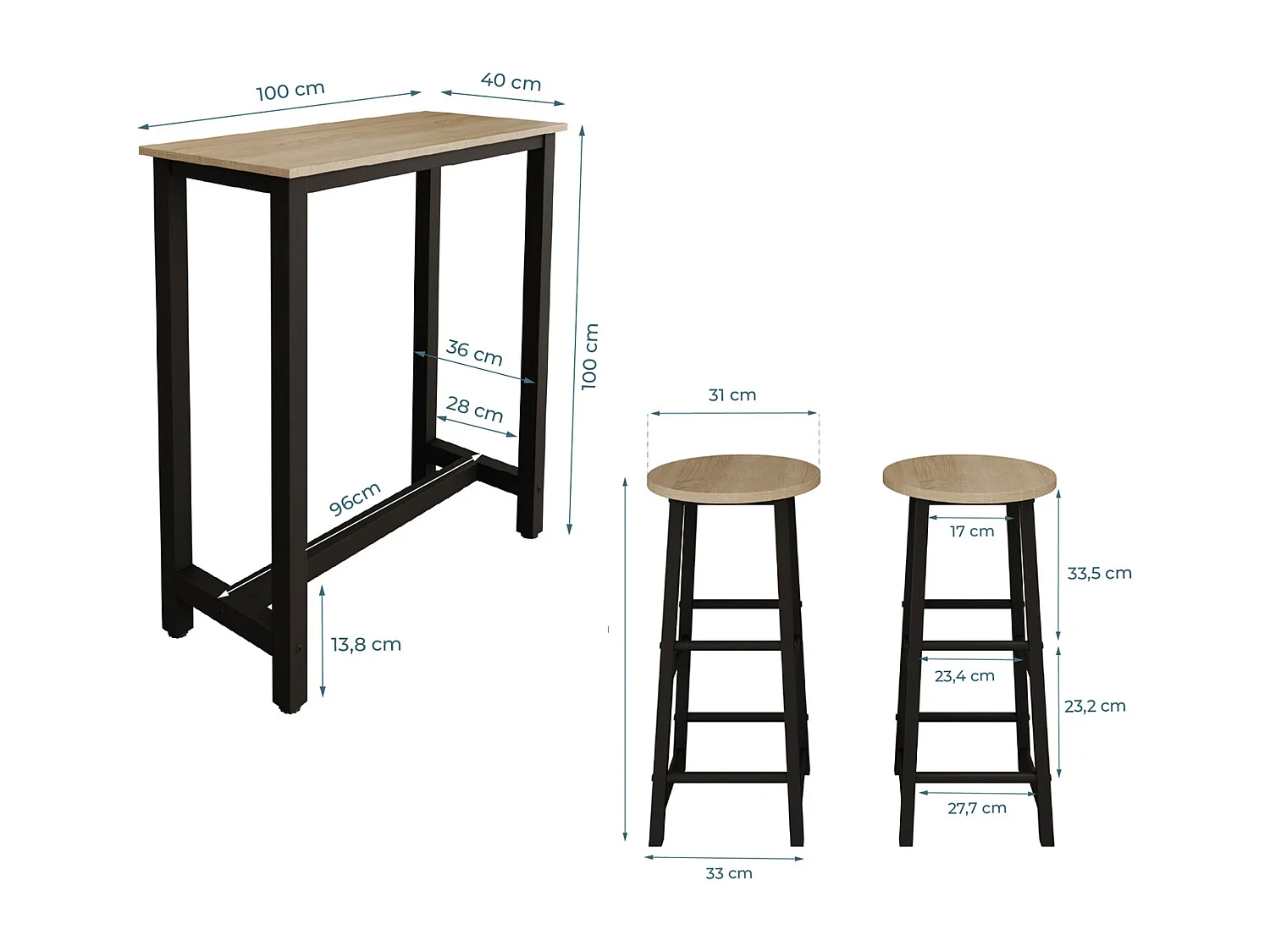 Table haute avec 2 tabourets en Noir et Sonoma 100x40x100cm Ani