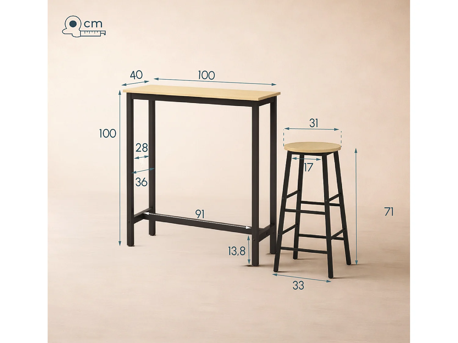 Table haute avec 2 tabourets en Noir et Sonoma 100x40x100cm Ani