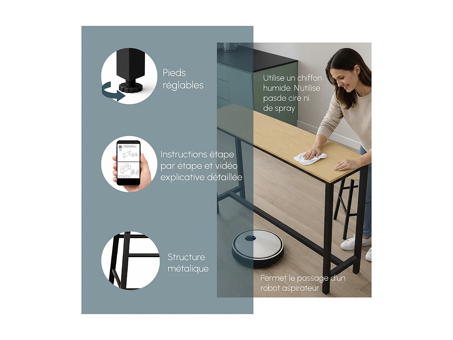 Table haute avec 2 tabourets en Noir et Sonoma 100x40x100cm Ani