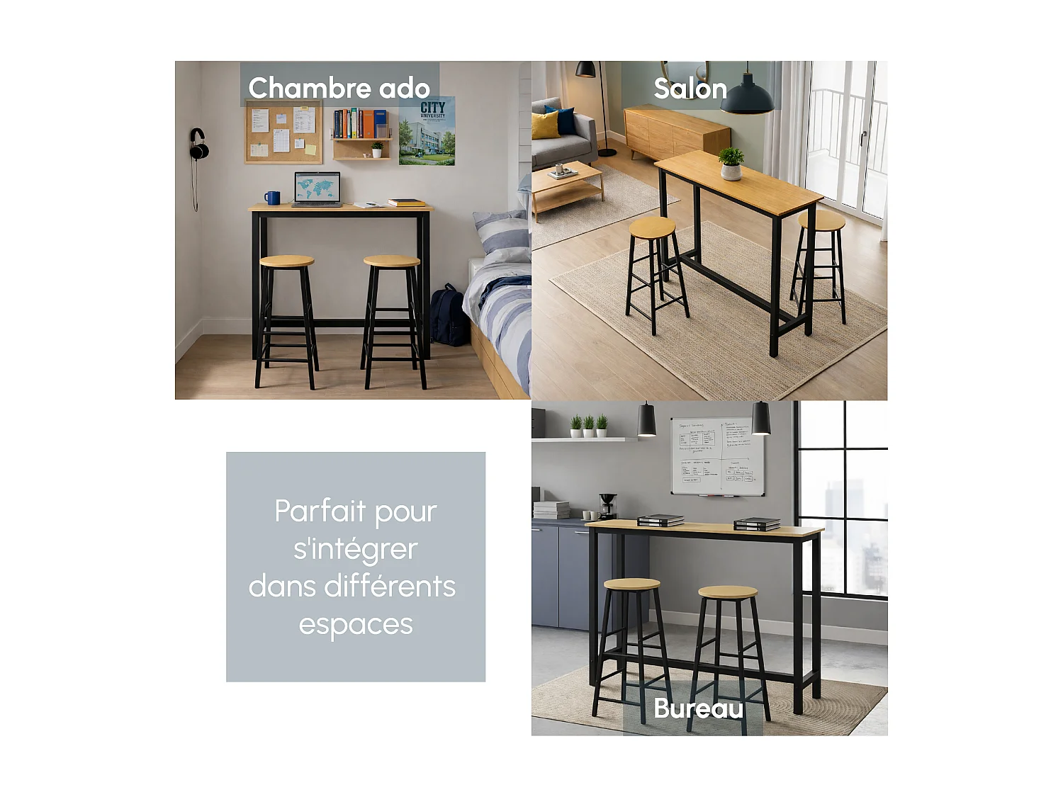 Table haute avec 2 tabourets en Noir et Sonoma 100x40x100cm Ani