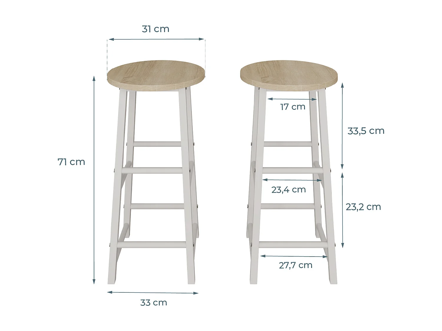 Tabourets pour Cuisine Salle à manger en Blanc et Sonoma 33x33x71cm Lucca