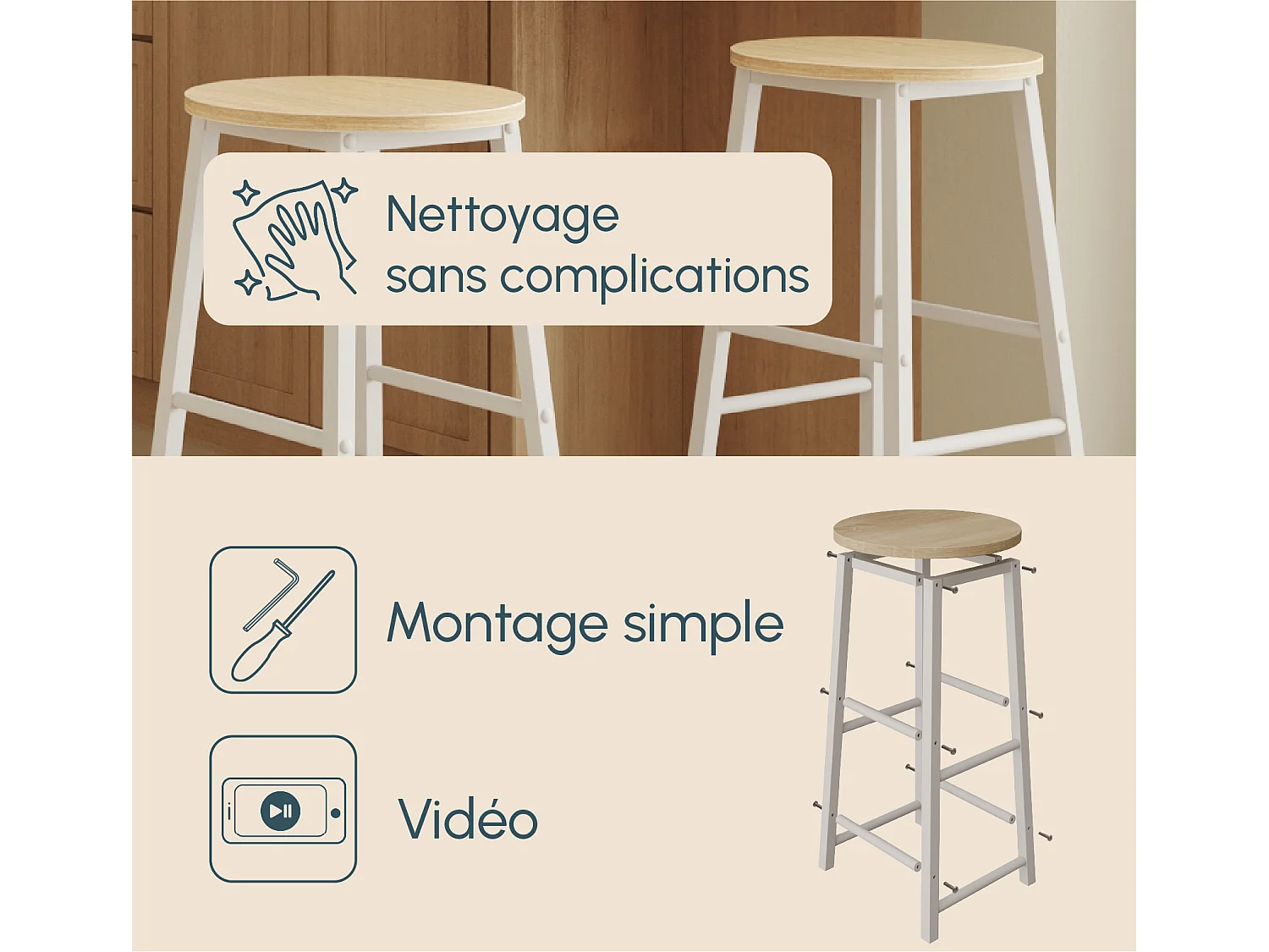 Tabourets pour Cuisine Salle à manger en Blanc et Sonoma 33x33x71cm Lucca