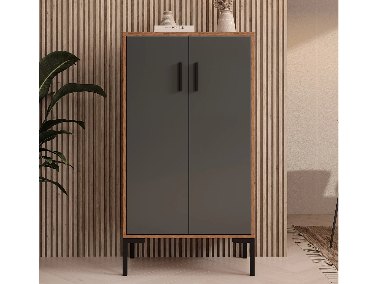 Bahut Buffet bas en Noyer Ambar et Gris 60x35x110,5cm Lander L17