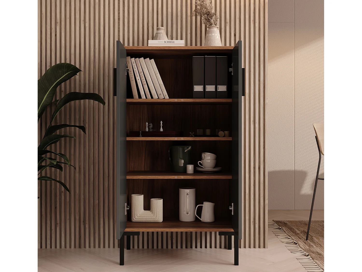 Bahut Buffet bas en Noyer Ambar et Gris 60x35x110,5cm Lander L17