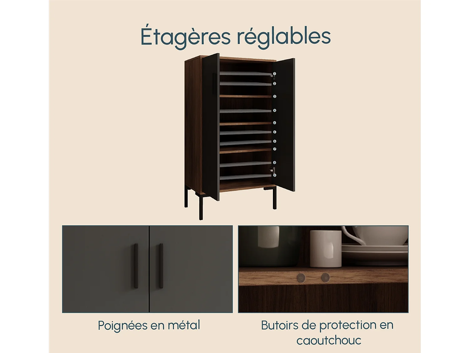 Bahut Buffet bas en Noyer Ambar et Gris 60x35x110,5cm Lander L17