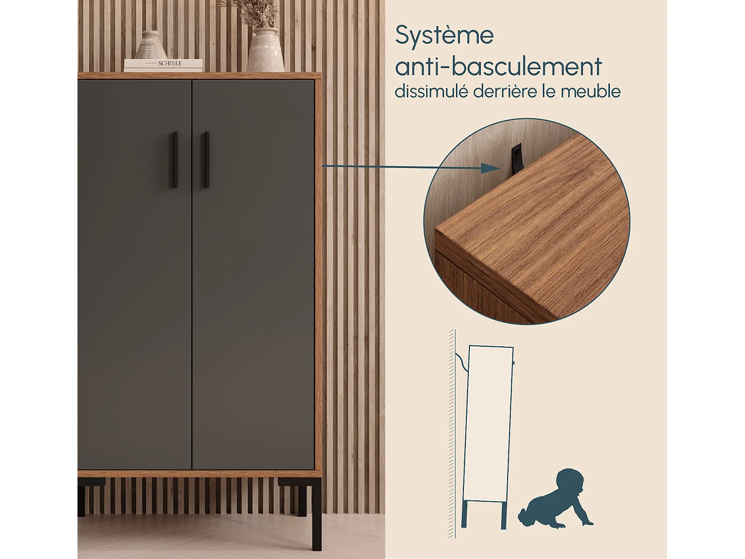 Bahut Buffet bas en Noyer Ambar et Gris 60x35x110,5cm Lander L17