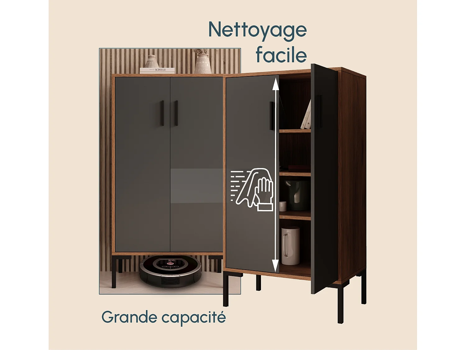 Bahut Buffet bas en Noyer Ambar et Gris 60x35x110,5cm Lander L17