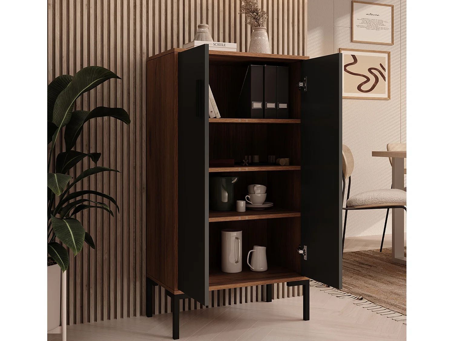 Aparador pequeño para Salón comedor en Nogal Ambar y Gris 60x35x110,5cm Lander L17