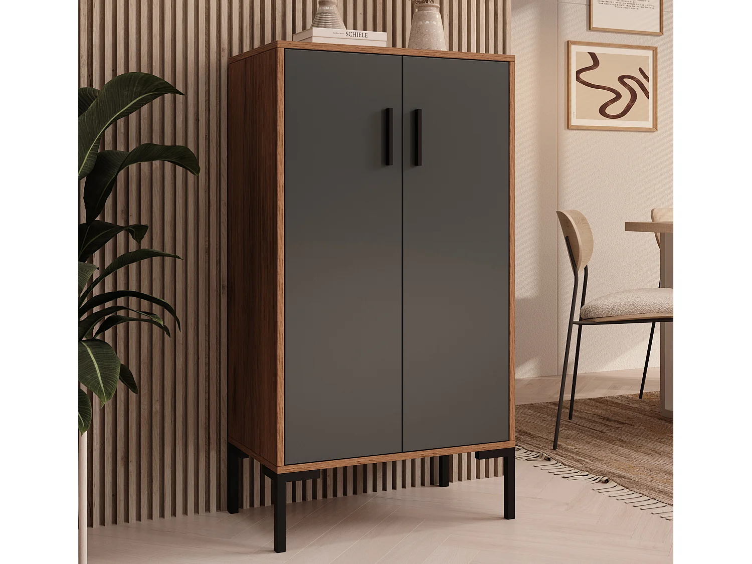 Aparador pequeño para Salón comedor en Nogal Ambar y Gris 60x35x110,5cm Lander L17