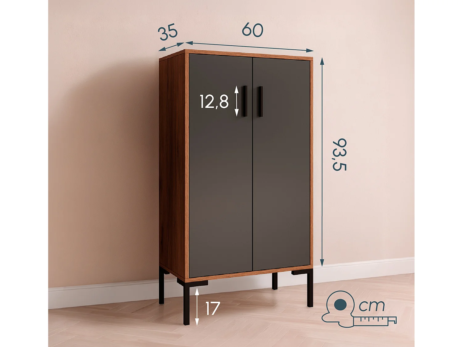 Aparador pequeño para Salón comedor en Nogal Ambar y Gris 60x35x110,5cm Lander L17