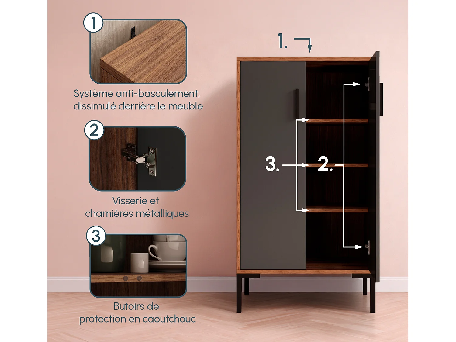 Aparador pequeño para Salón comedor en Nogal Ambar y Gris 60x35x110,5cm Lander L17