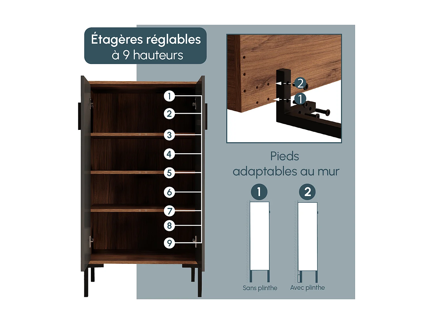 Aparador pequeño para Salón comedor en Nogal Ambar y Gris 60x35x110,5cm Lander L17