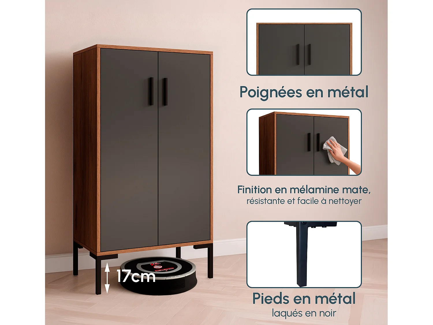 Aparador pequeño para Salón comedor en Nogal Ambar y Gris 60x35x110,5cm Lander L17