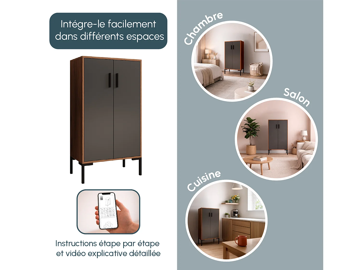 Bahut Buffet bas en Noyer Ambar et Gris 60x35x110,5cm Lander L17