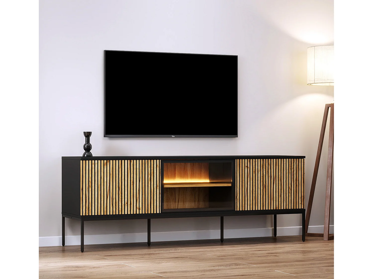 Meuble TV en Coleur Noir et Chêne Eos avec LED 153,4x39x56cm Lux