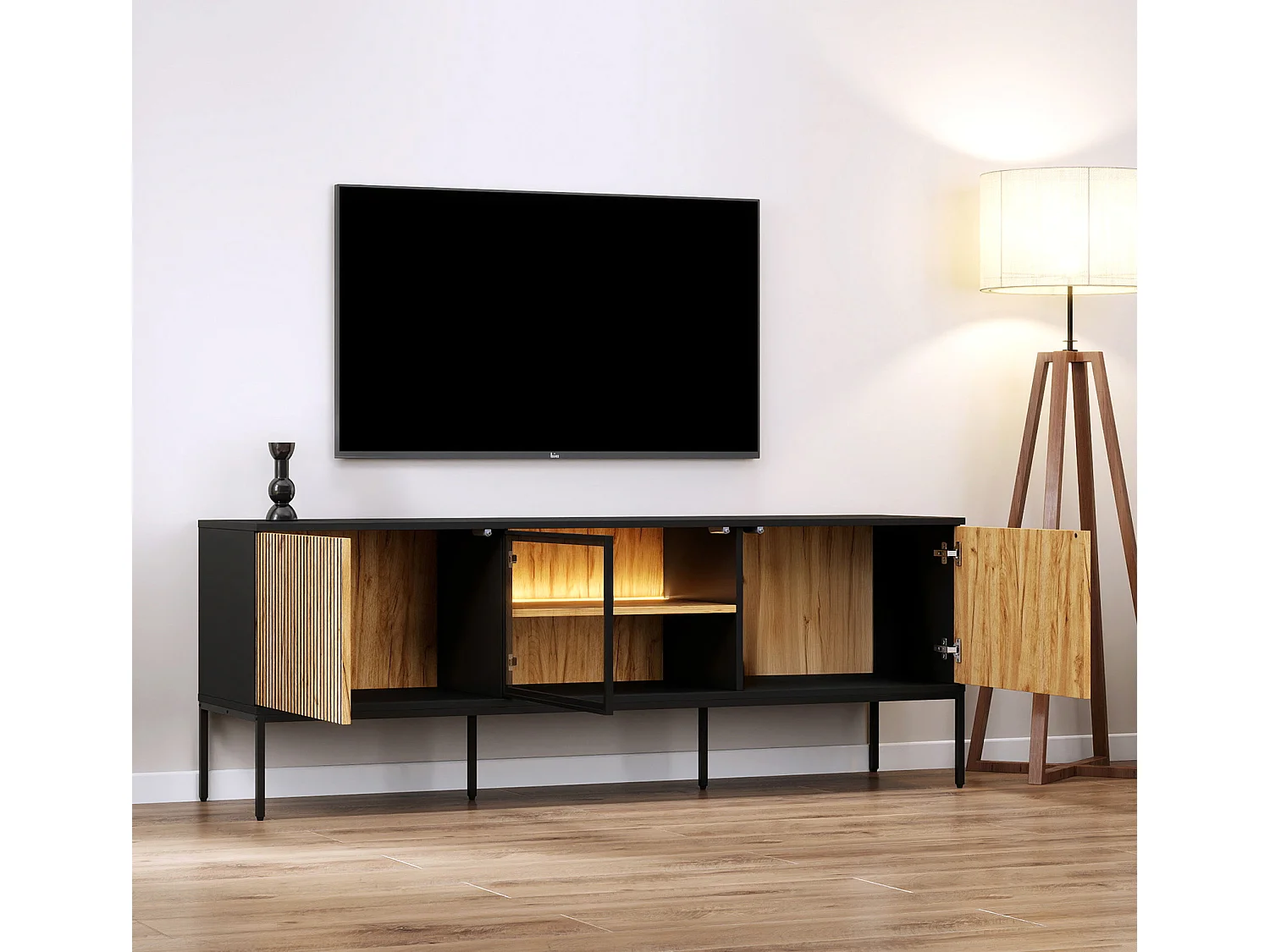 Meuble TV en Coleur Noir et Chêne Eos avec LED 153,4x39x56cm Lux