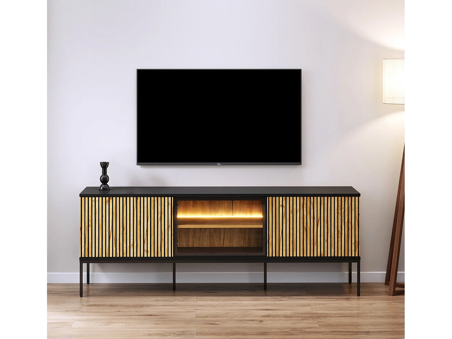 Meuble TV en Coleur Noir et Chêne Eos avec LED 153,4x39x56cm Lux