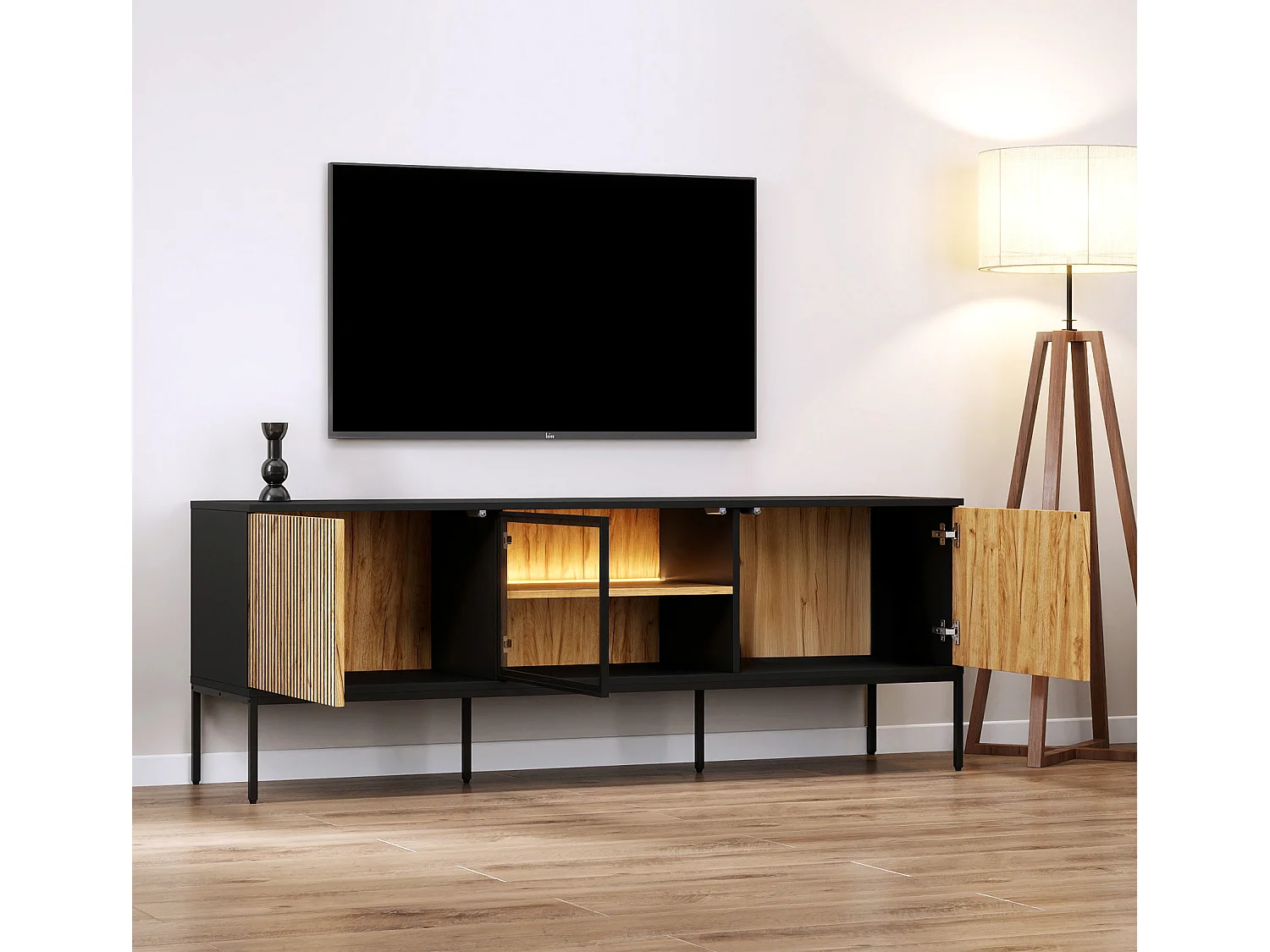 Meuble TV en Coleur Noir et Chêne Eos avec LED 153,4x39x56cm Lux