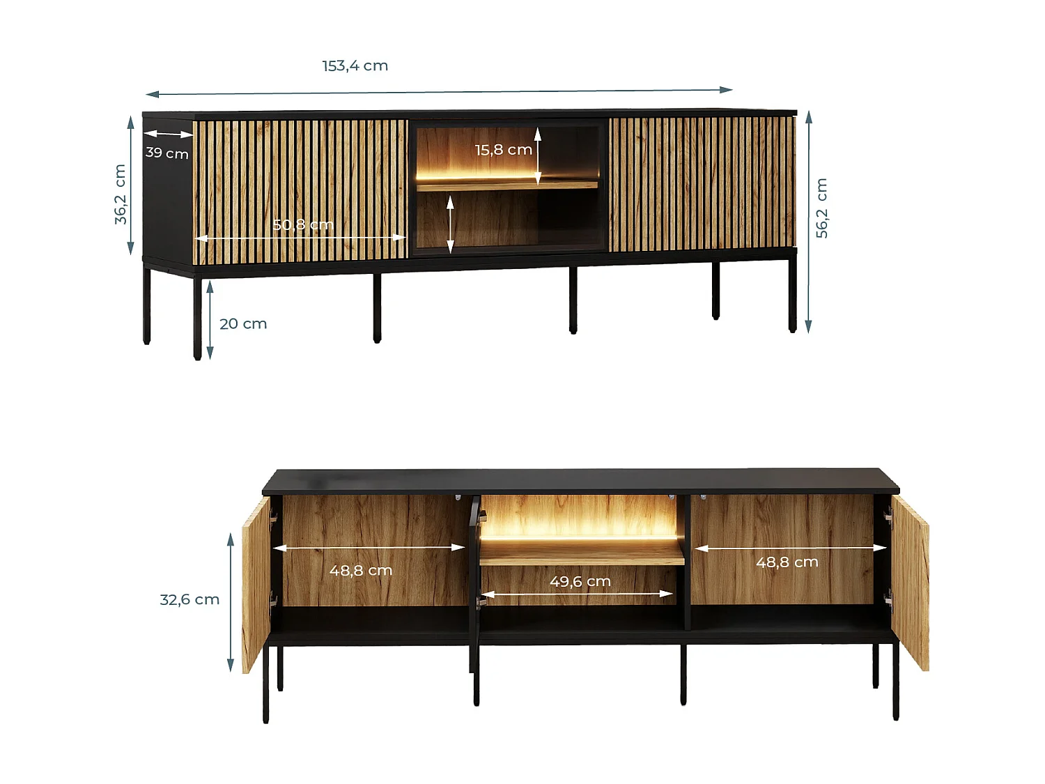 Meuble TV en Coleur Noir et Chêne Eos avec LED 153,4x39x56cm Lux