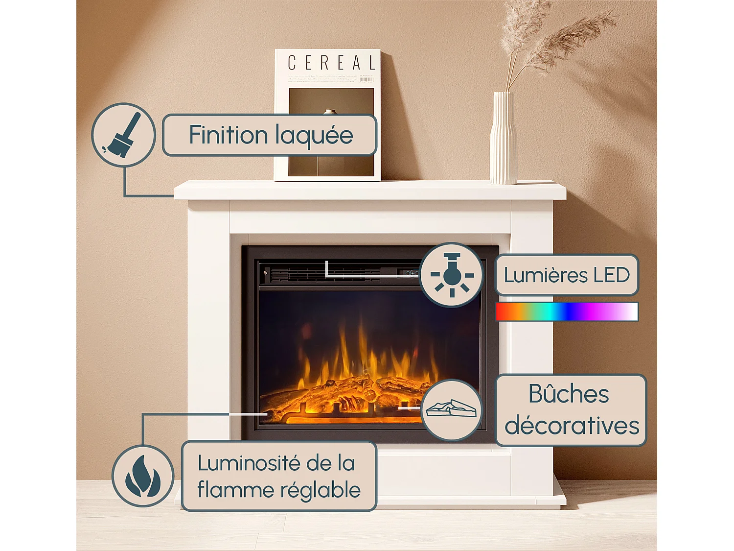 Mueble con chimenea para Salón comedor en Blanco 98x27,5x81cm Alaska