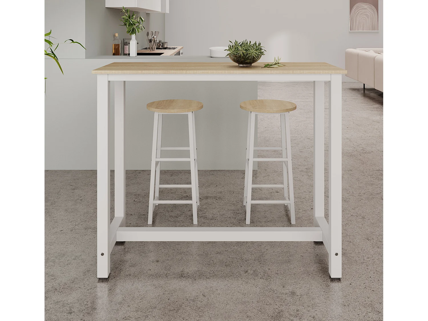 Table haute avec 2 tabourets en Blanc et Sonoma 120x40x100cm Ani