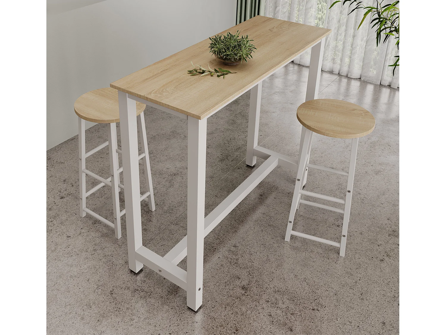 Table haute avec 2 tabourets en Blanc et Sonoma 120x40x100cm Ani