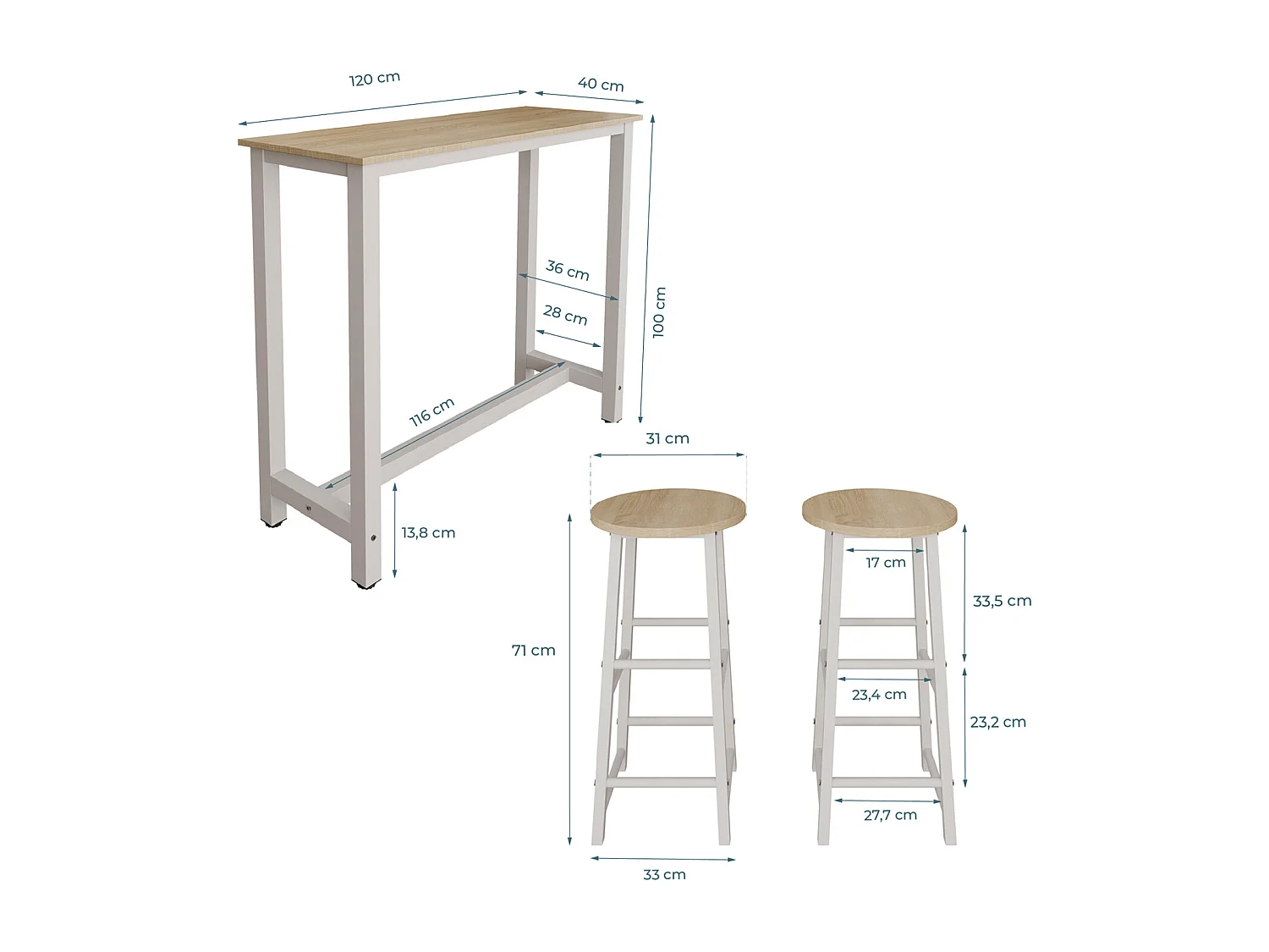 Table haute avec 2 tabourets en Blanc et Sonoma 120x40x100cm Ani