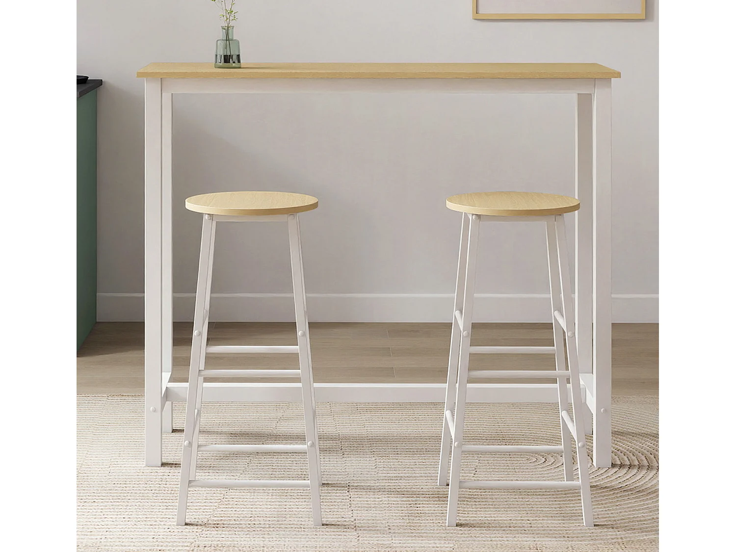 Table haute avec 2 tabourets en Blanc et Sonoma 120x40x100cm Ani
