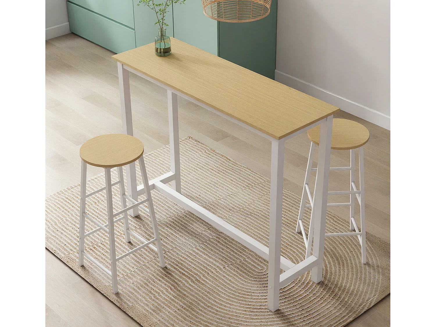 Table haute avec 2 tabourets en Blanc et Sonoma 120x40x100cm Ani