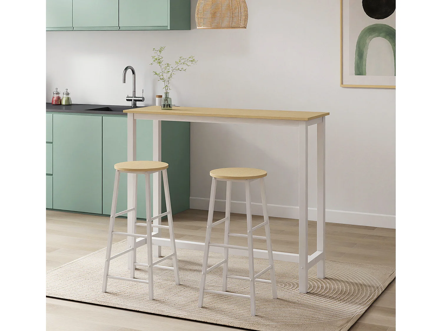 Table haute avec 2 tabourets en Blanc et Sonoma 120x40x100cm Ani