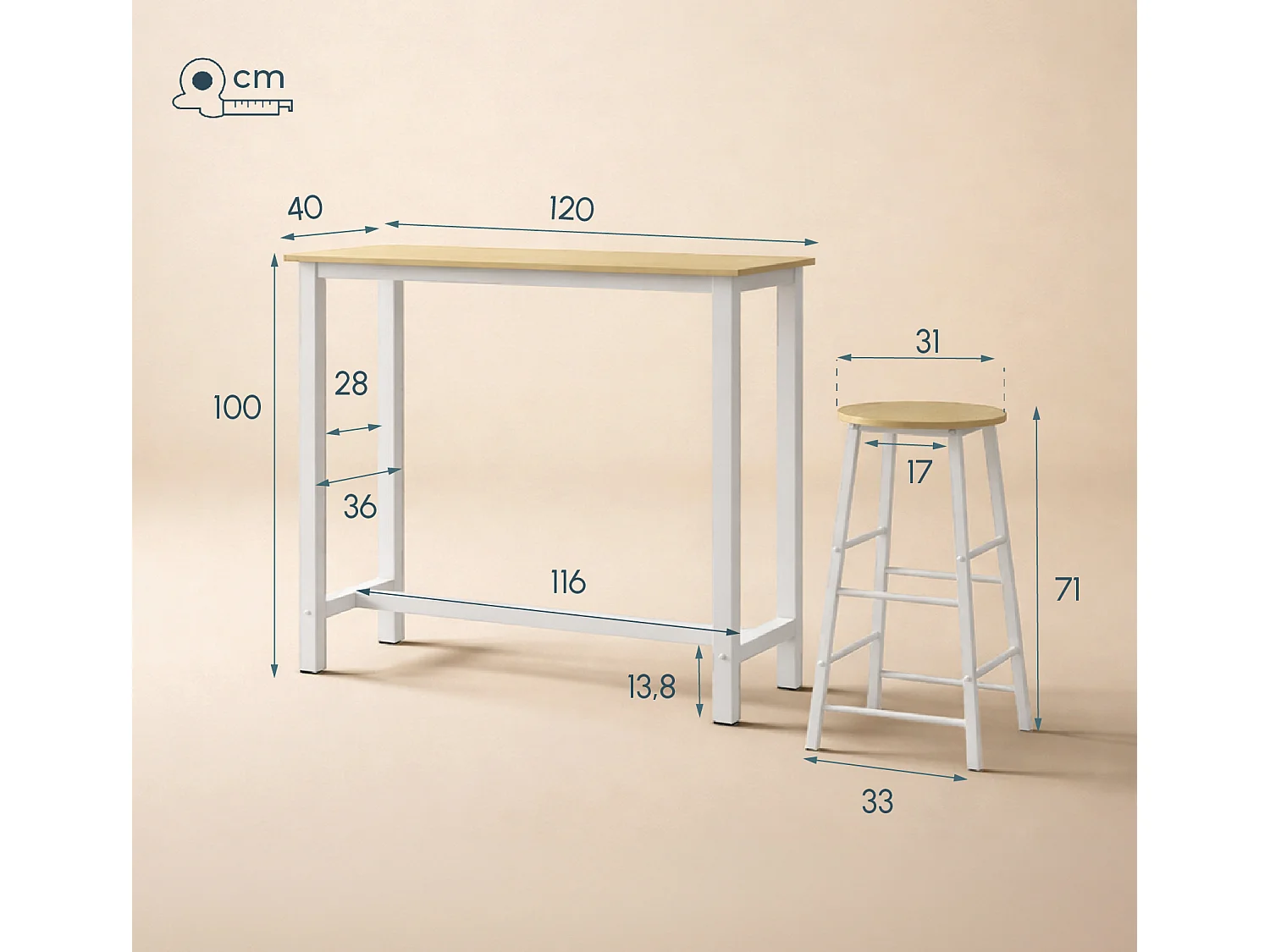Table haute avec 2 tabourets en Blanc et Sonoma 120x40x100cm Ani