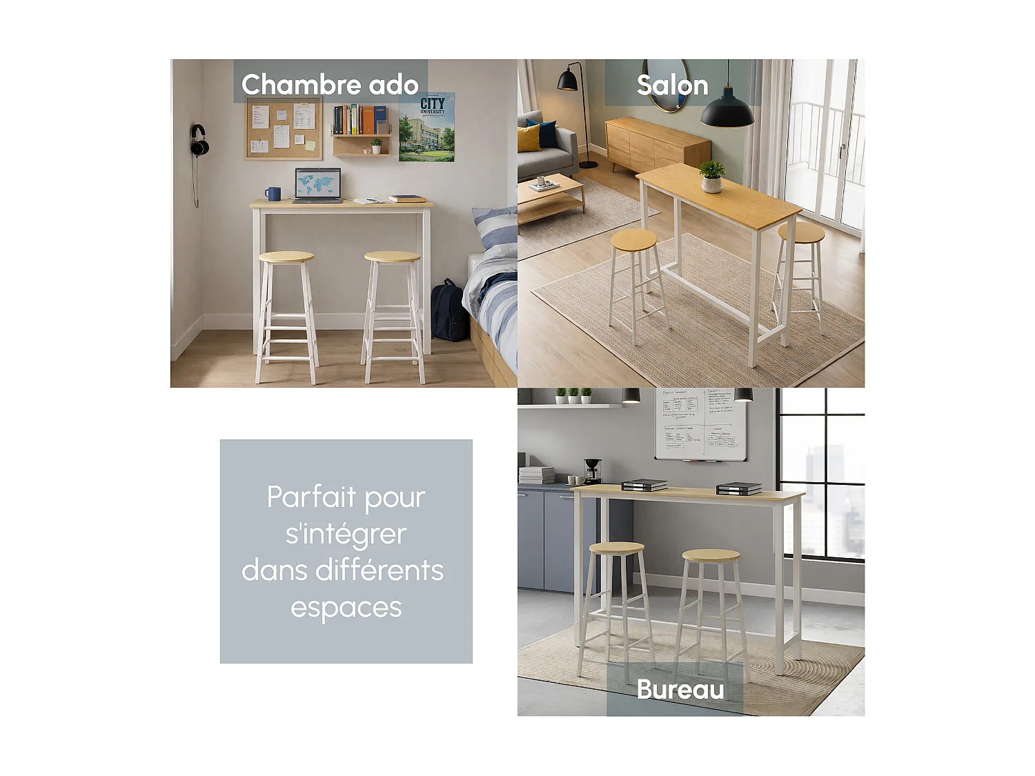 Table haute avec 2 tabourets en Blanc et Sonoma 120x40x100cm Ani