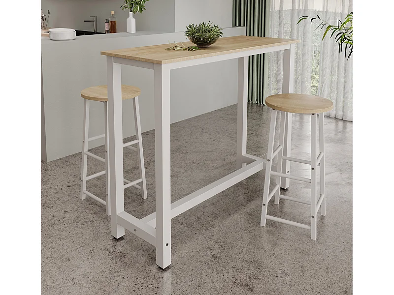 Table haute avec 2 tabourets en Blanc et Sonoma 120x40x100cm Ani