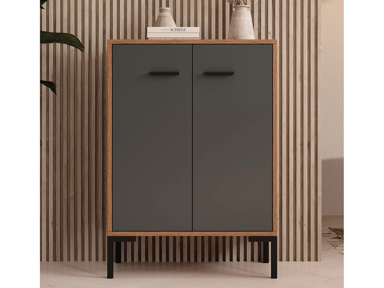 Bahut Buffet bas pour Salon Salle à manger en Noyer Ambar et Gris 60x30x84cm Lander L15