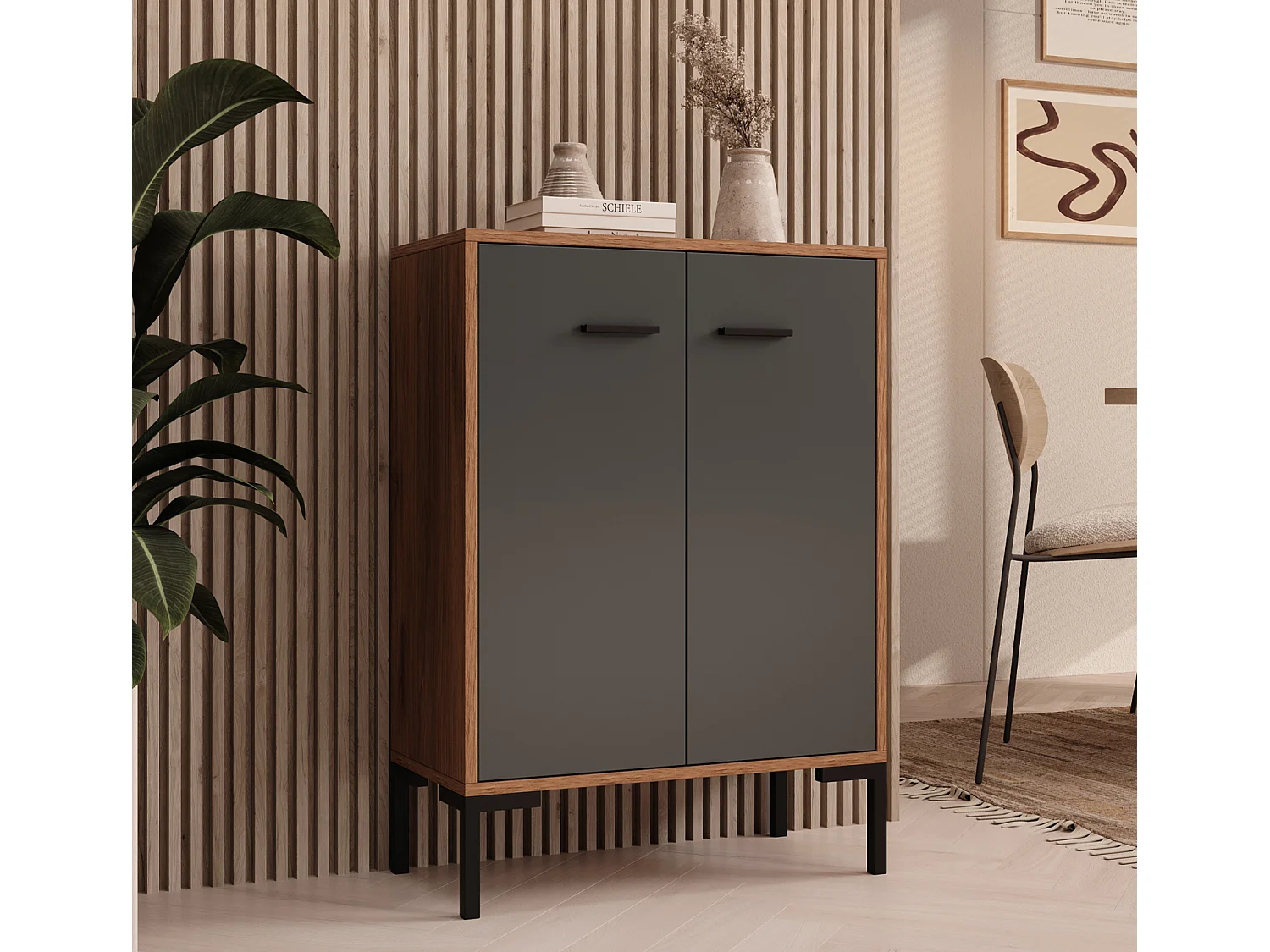 Bahut Buffet bas pour Salon Salle à manger en Noyer Ambar et Gris 60x30x84cm Lander L15