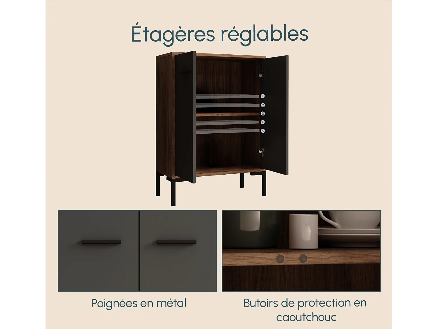 Bahut Buffet bas pour Salon Salle à manger en Noyer Ambar et Gris 60x30x84cm Lander L15