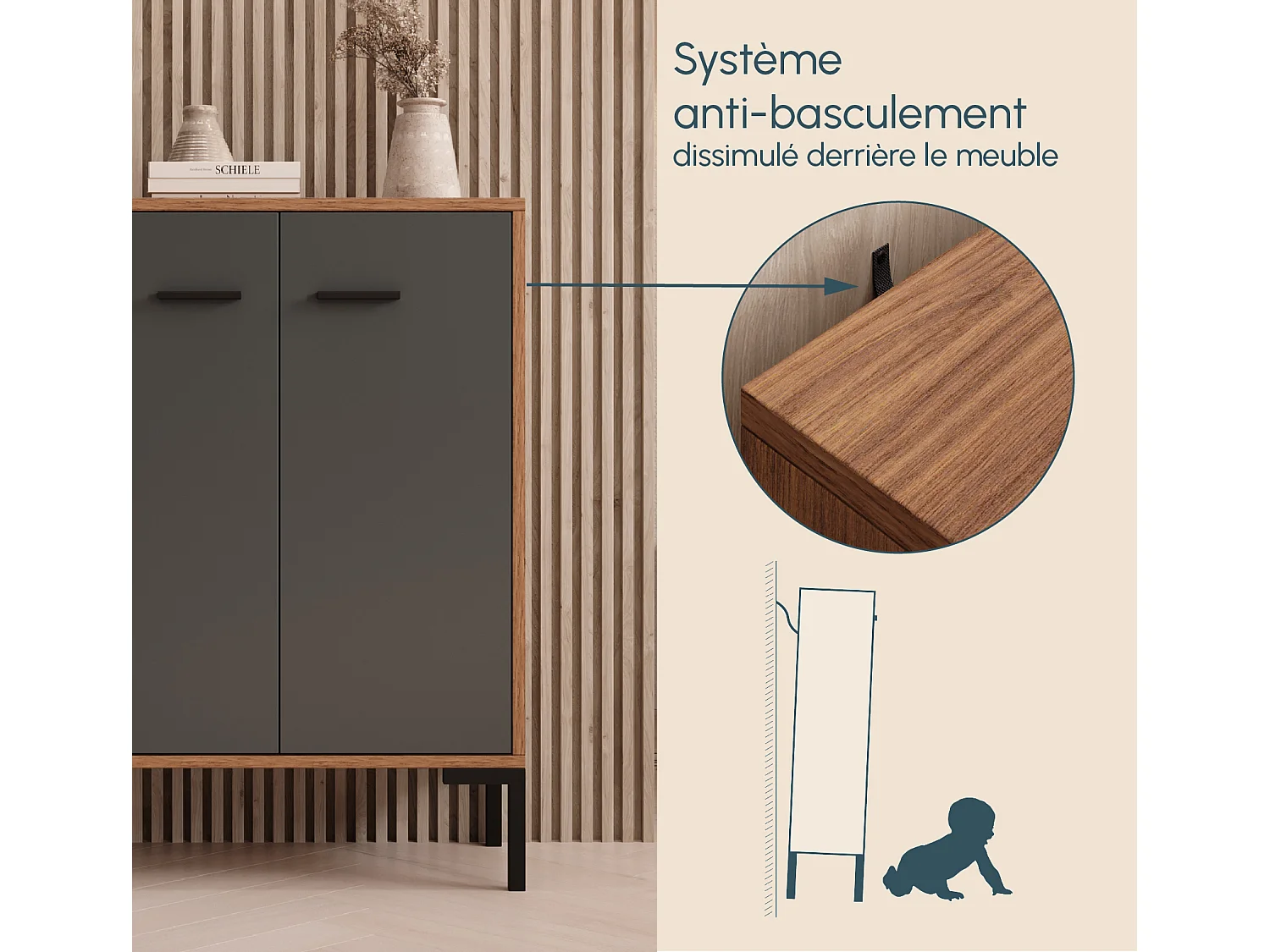 Bahut Buffet bas pour Salon Salle à manger en Noyer Ambar et Gris 60x30x84cm Lander L15