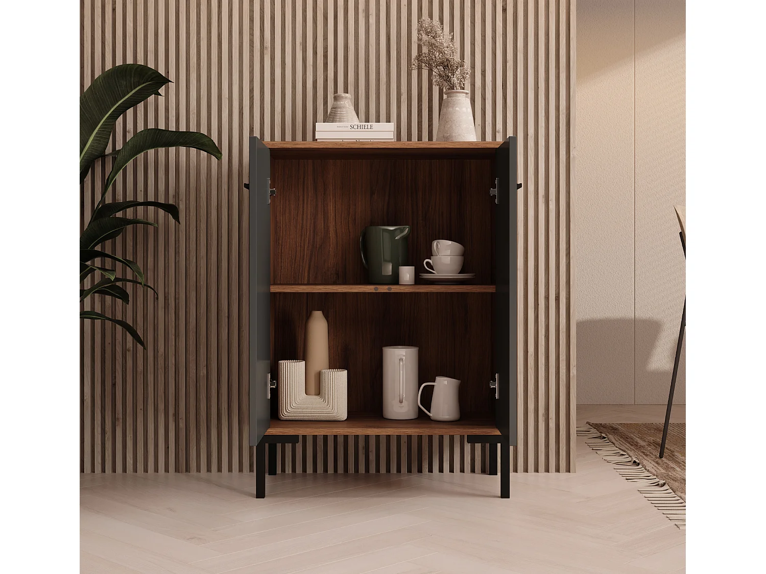 Aparador pequeño para Salón comedor en Nogal Ambar y Gris 60x30x84cm Lander L15