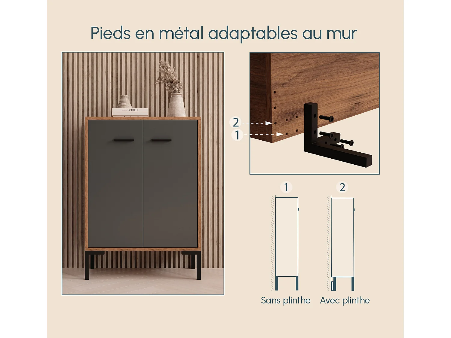 Aparador pequeño para Salón comedor en Nogal Ambar y Gris 60x30x84cm Lander L15