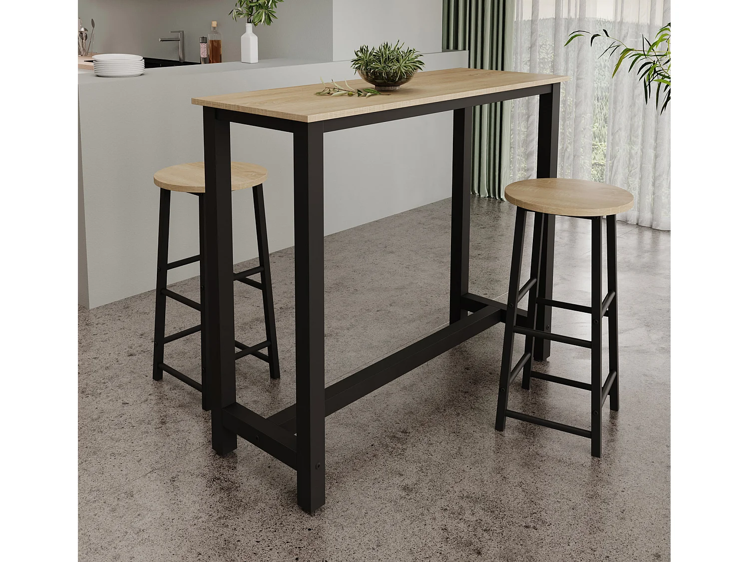 Table haute avec 2 tabourets en Noir et Sonoma 120x40x100cm Ani