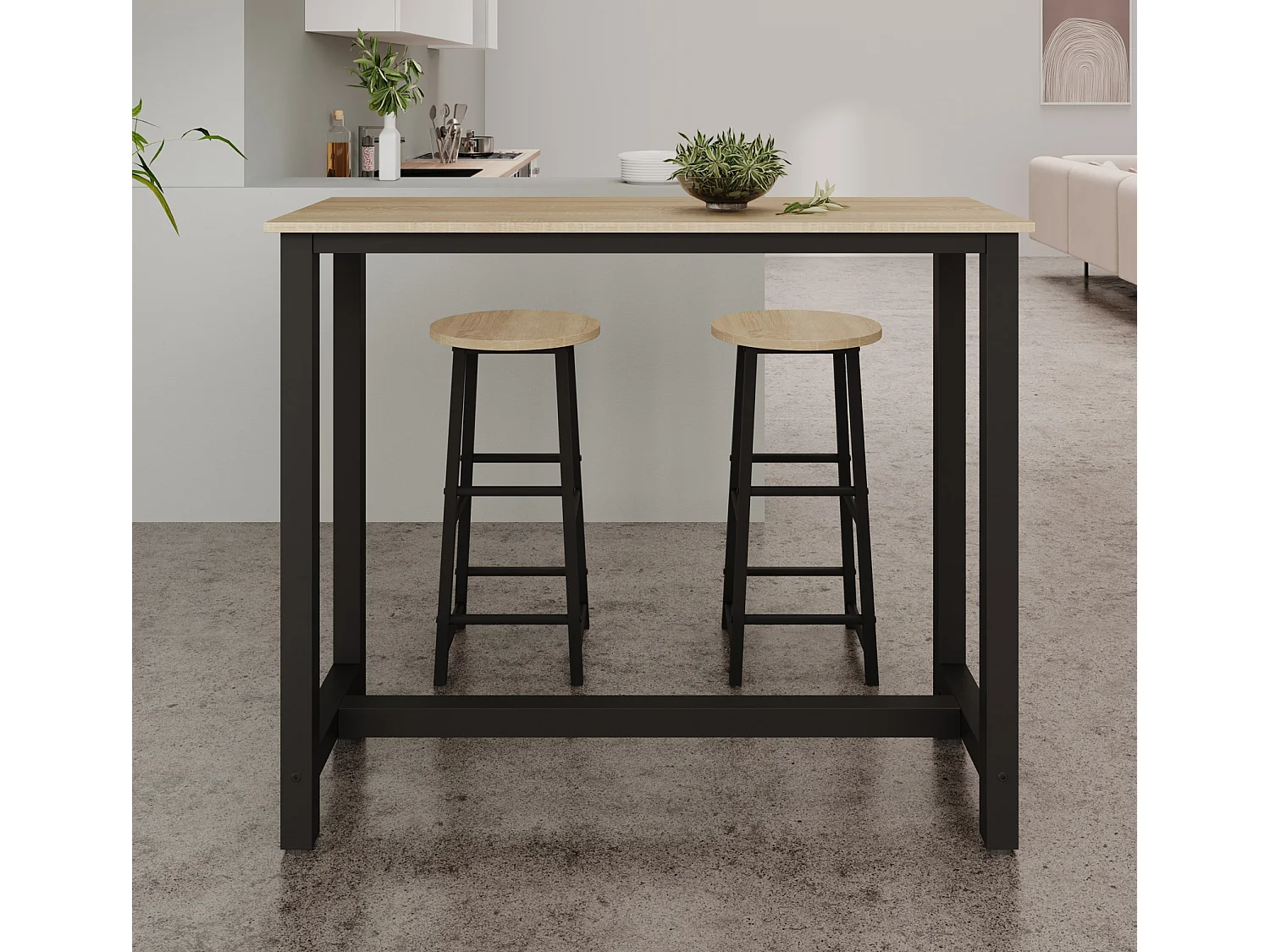 Table haute avec 2 tabourets en Noir et Sonoma 120x40x100cm Ani