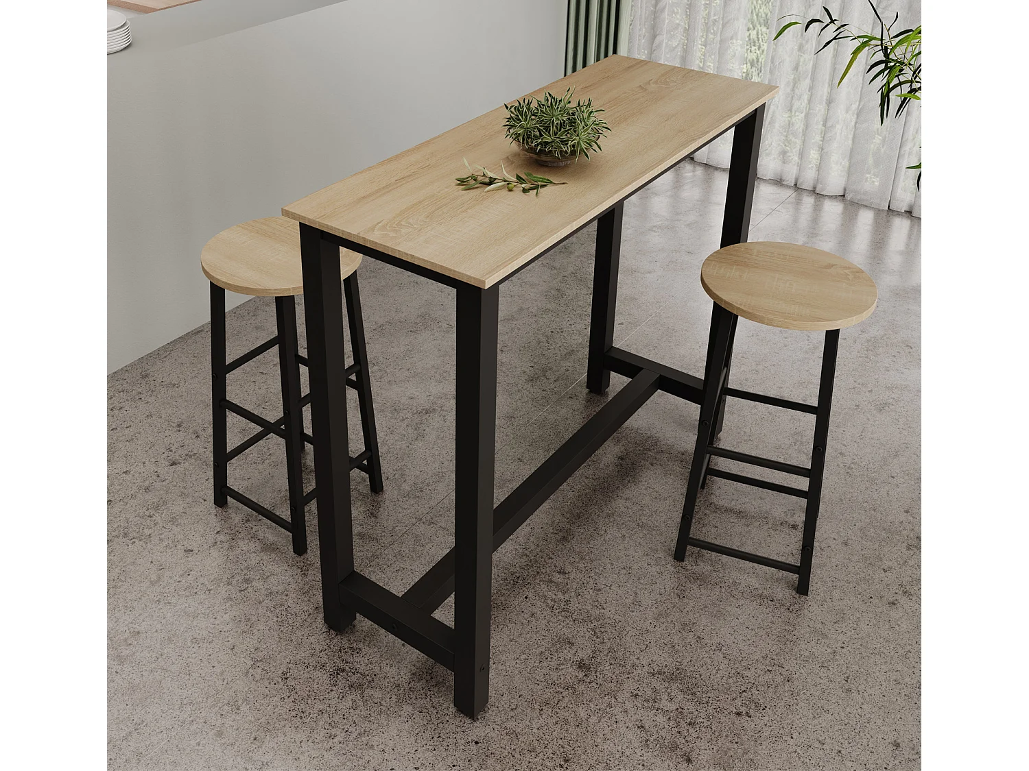 Table haute avec 2 tabourets en Noir et Sonoma 120x40x100cm Ani