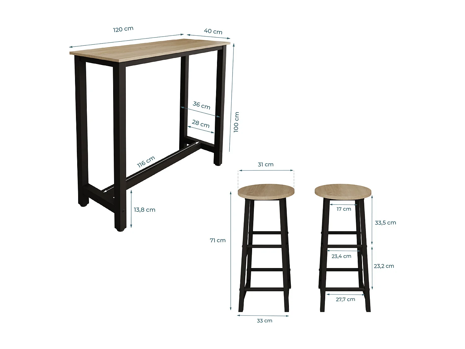 Table haute avec 2 tabourets en Noir et Sonoma 120x40x100cm Ani