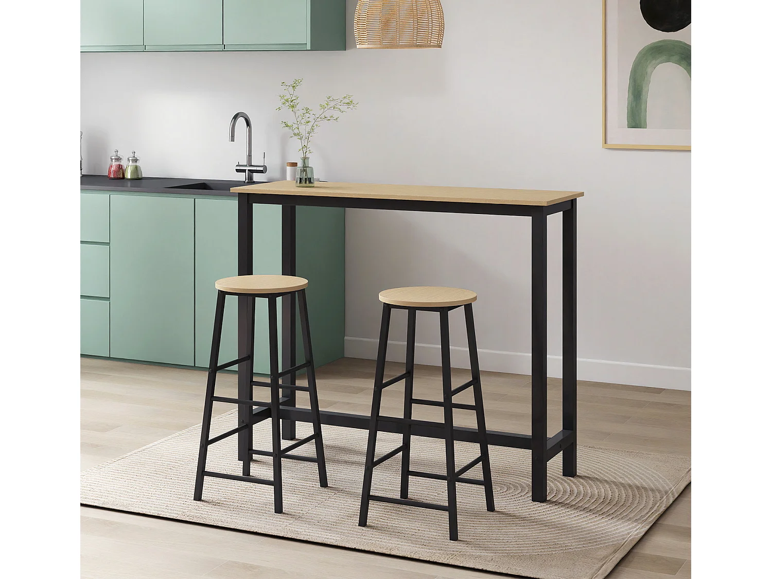 Table haute avec 2 tabourets en Noir et Sonoma 120x40x100cm Ani