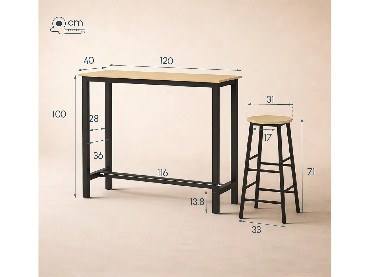 Table haute avec 2 tabourets en Noir et Sonoma 120x40x100cm Ani