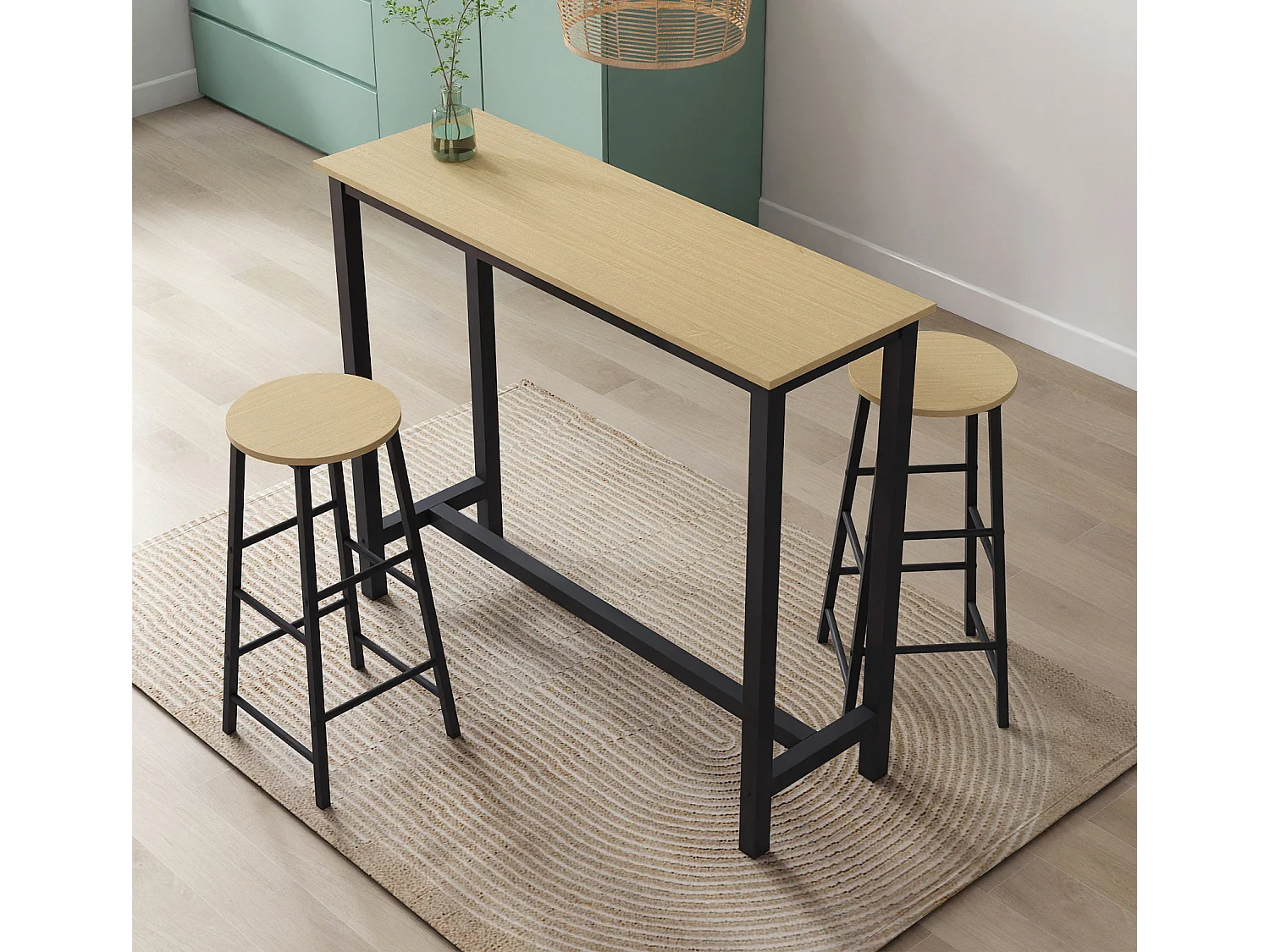 Table haute avec 2 tabourets en Noir et Sonoma 120x40x100cm Ani