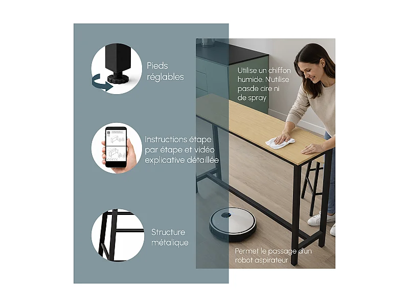 Mesa alta con taburetes para Cocina Comedor en Negro y Sonoma 120x40x100cm Ani