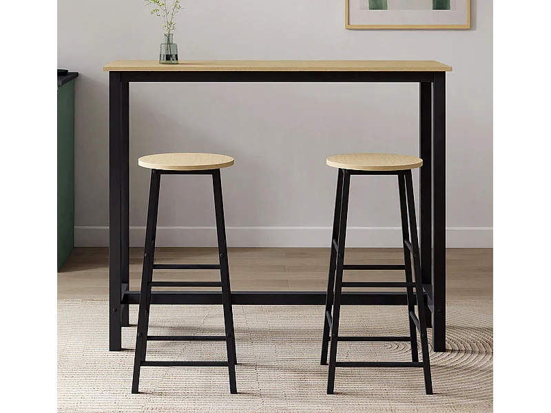 Table haute avec 2 tabourets en Noir et Sonoma 120x40x100cm Ani