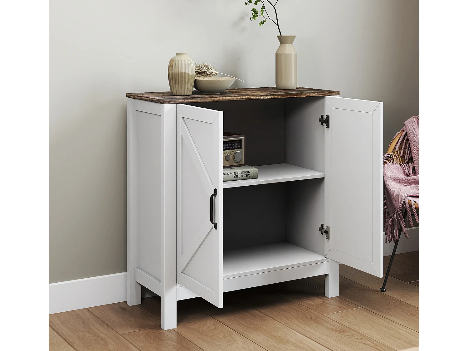 Aparador para Salón comedor en Color Blanco y Roble Rustic 80x35x85cm Olivia